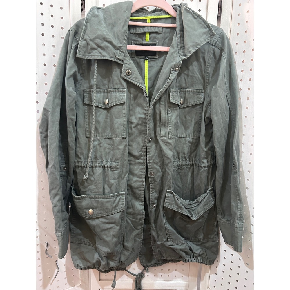 Utility Jacket Olive Green Cargo‎ Pockets Drawstring Hooded Lightweight Casual